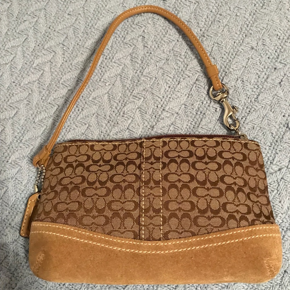 Coach Signature Jacquard Suede Clutch Wristlet Tan